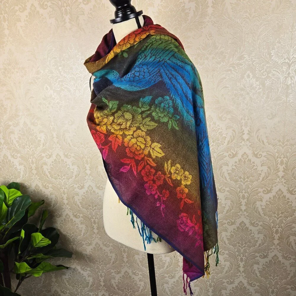 Mulitcolor Rainbow Peacock Floral Themed Oblong Scarf Fringed Ends Lightweight